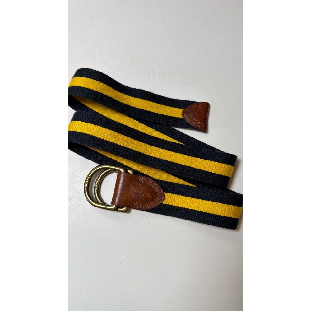Vintage Polo Ralph Lauren PRL D Ring Belt Navy Yellow Stripe Leather 39” Brass